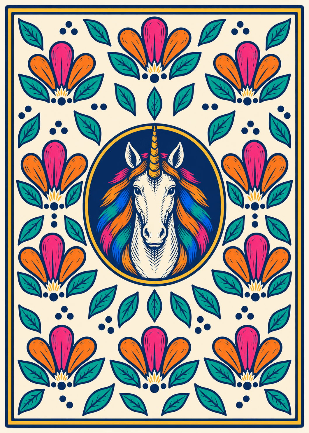 A unicorn surrounded by colorful flowers on a cream card
