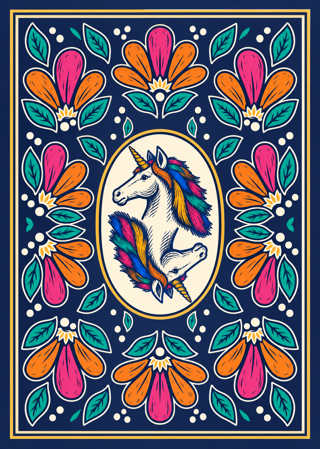 Two mirrored unicorns surrounded by colorful flowers on a navy card