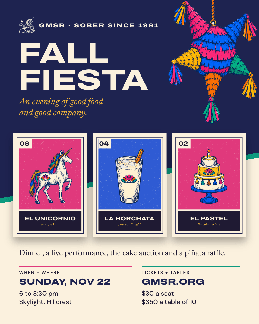 Fall Fiesta poster with a piñata and three illustrated cards, November 22, 6 to 8:30 pm at Skylight in Hillcrest; $30 a seat or $350 a table of 10; tickets at gmsr.org